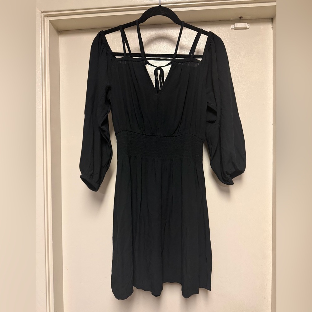 Old Navy Black Long-Sleeve Smocked-Waist Mini Dress with Tie Back